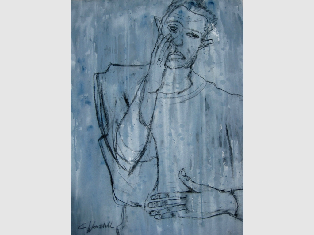 Portrait I (inspired by Egon Schiele), crayon on acrylik on canvas 110x80cm - n.a.